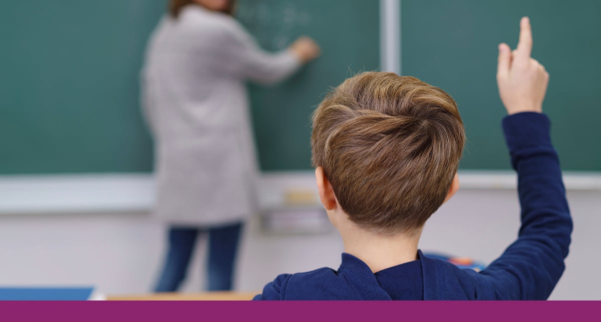 Young boy raises his hand in class